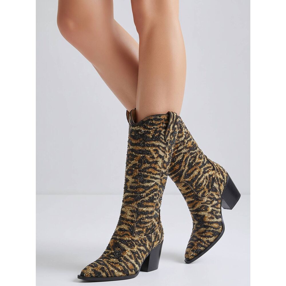 ☔️🩵NIB Betsey Johnson Leopard Rhinestone Knee High Boots Size 8.5